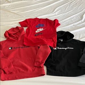 Champion Kids Red and Black Hoodies & Nike Tee Youth M